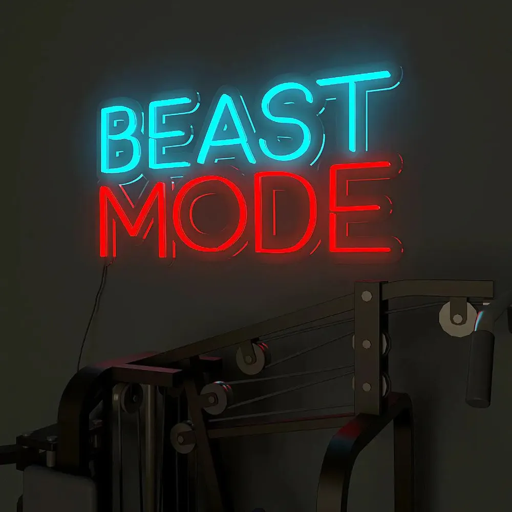 Beast Mode on' Blue & Red LED Neon Light for Gym Wall Decor