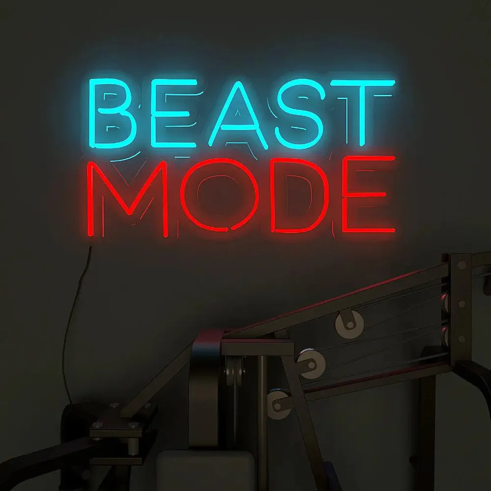 Beast Mode on' Blue & Red LED Neon Light for Gym Wall Decor