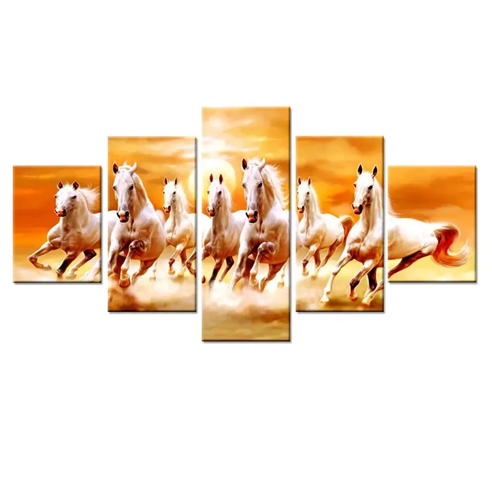 Beautiful  7 Horse Running Wooden Framed 5 Pieces Canvas Wall Painting