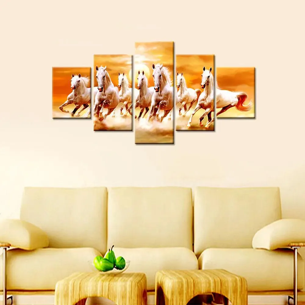 Beautiful  7 Horse Running Wooden Framed 5 Pieces Canvas Wall Painting