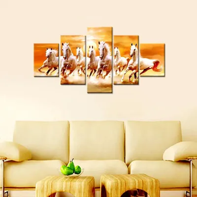 Beautiful  7 Horse Running Wooden Framed 5 Pieces Canvas Wall Painting