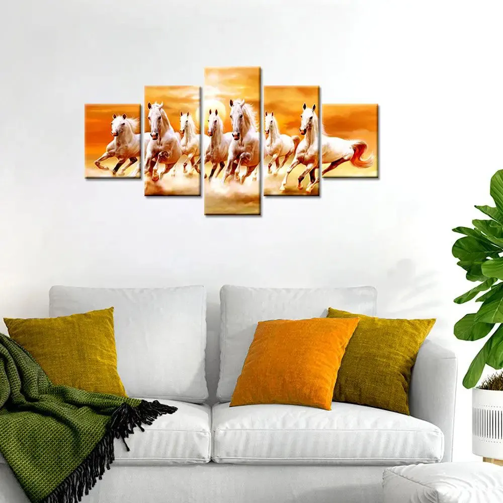 Beautiful  7 Horse Running Wooden Framed 5 Pieces Canvas Wall Painting