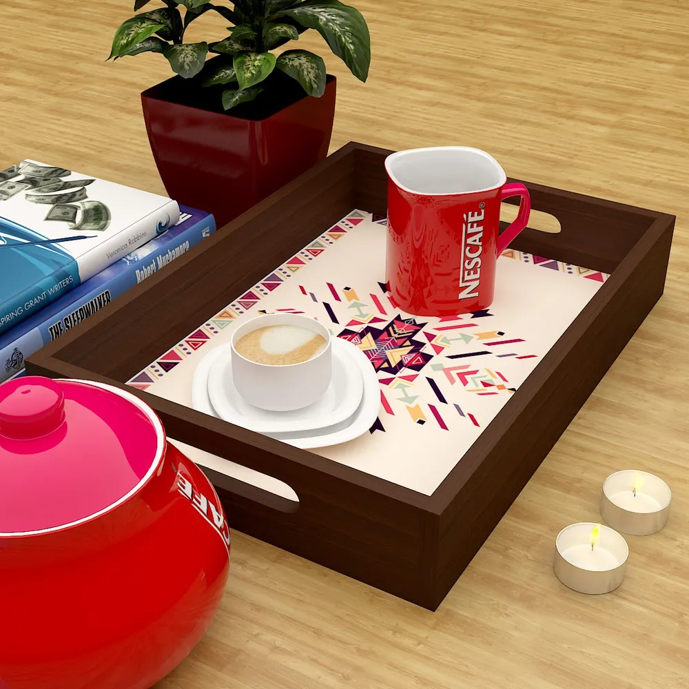 Beautiful Abstract Print Design Wooden Serving Tray Walnut Color