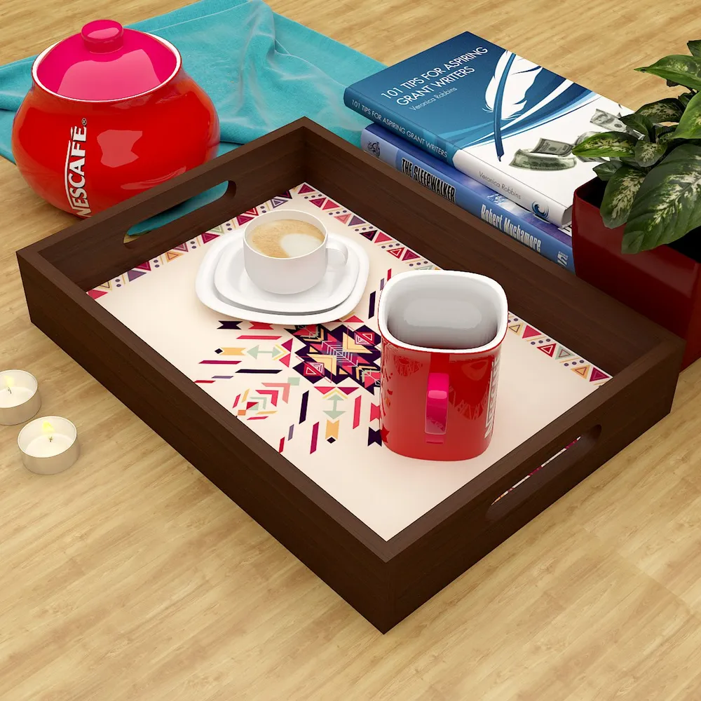 Beautiful Abstract Print Design Wooden Serving Tray Walnut Color