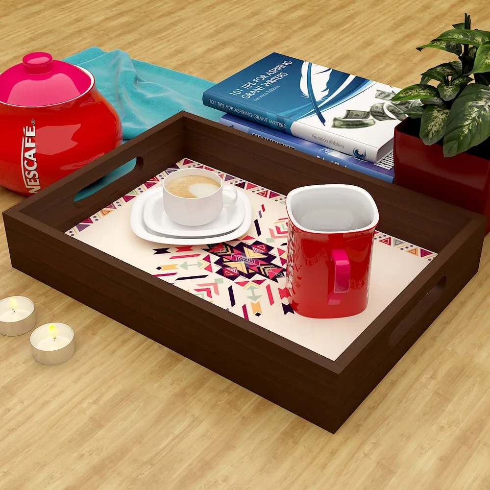 Beautiful Abstract Print Design Wooden Serving Tray Walnut Color