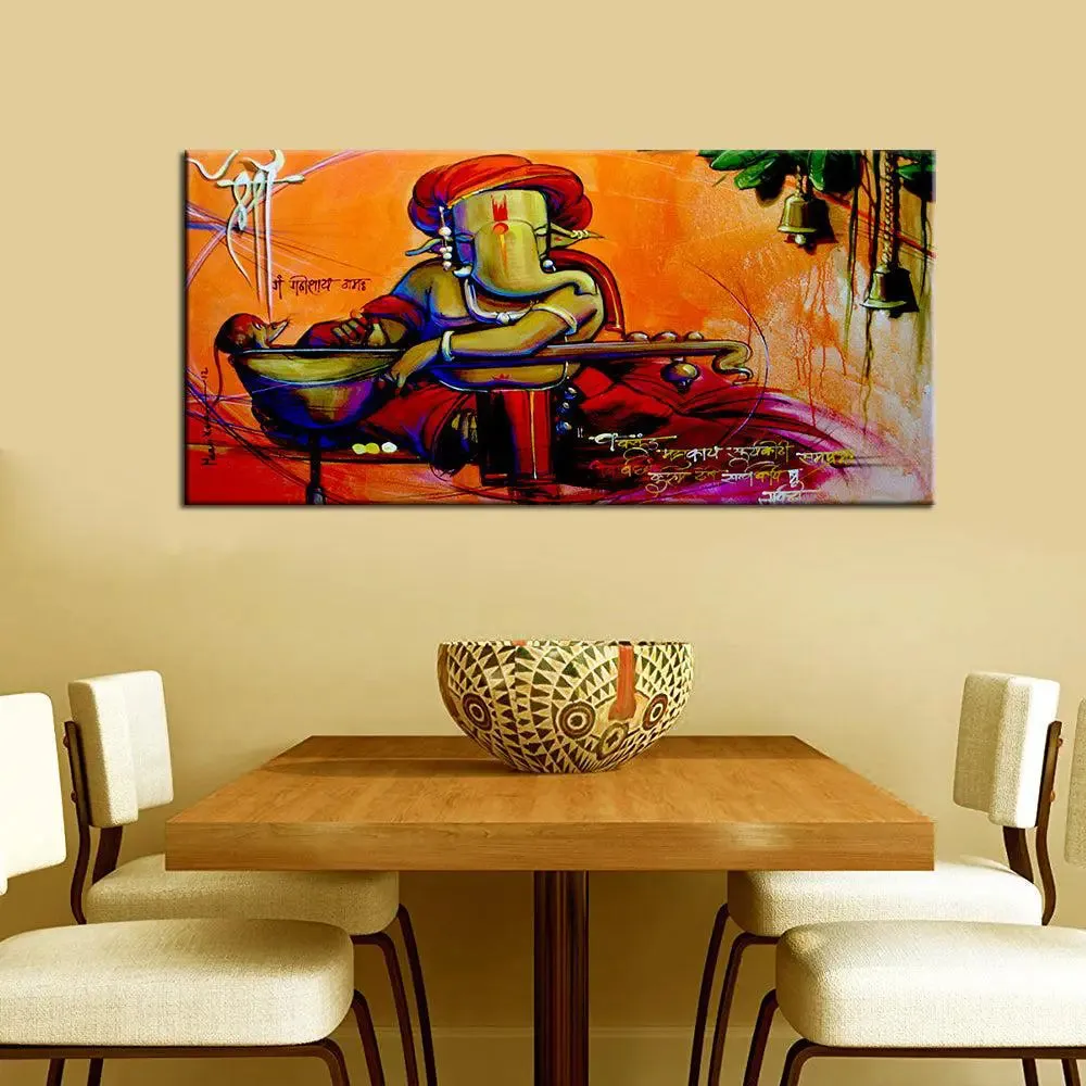 Beautiful Auspicious Ganesha Canvas  Wall Painting With Frame