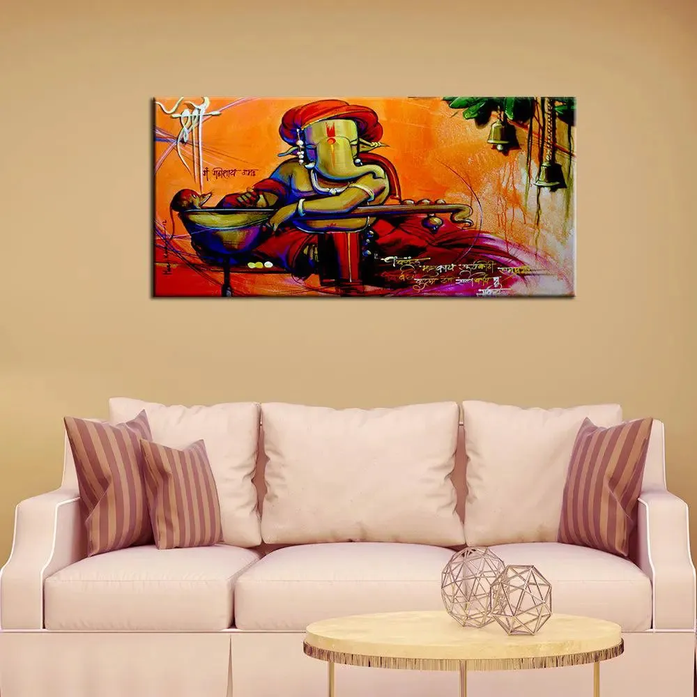 Beautiful Auspicious Ganesha Canvas  Wall Painting With Frame