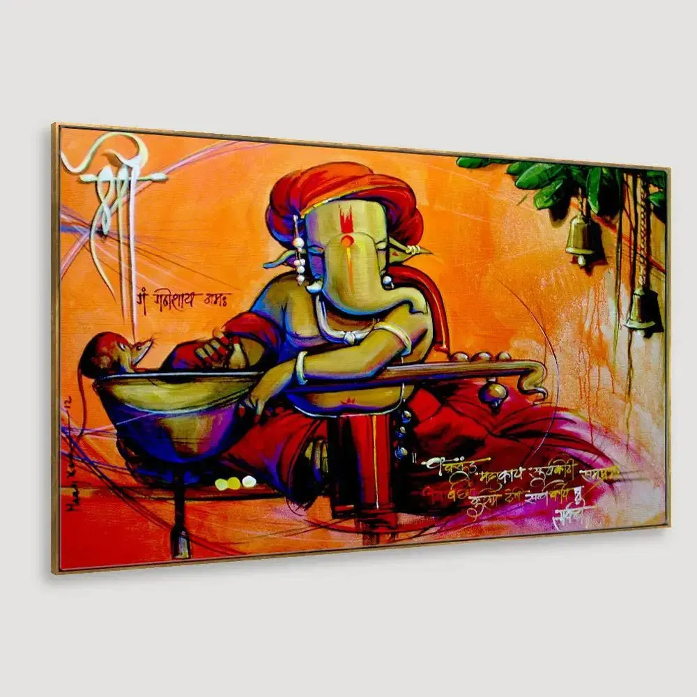 Beautiful Auspicious Ganesha Canvas  Wall Painting With Frame