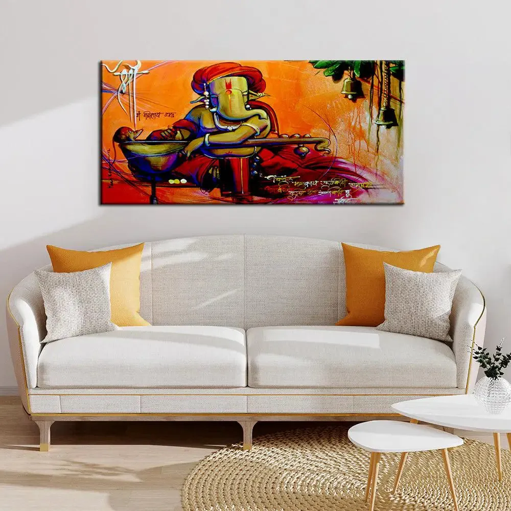 Beautiful Auspicious Ganesha Canvas  Wall Painting With Frame