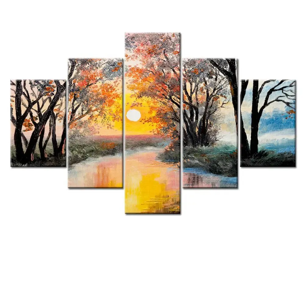 Beautiful Autumn Forest River 5 Pieces Canvas Print Wall Painting
