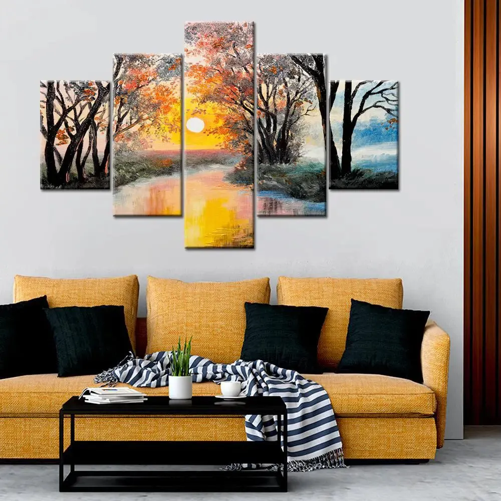 Beautiful Autumn Forest River 5 Pieces Canvas Print Wall Painting