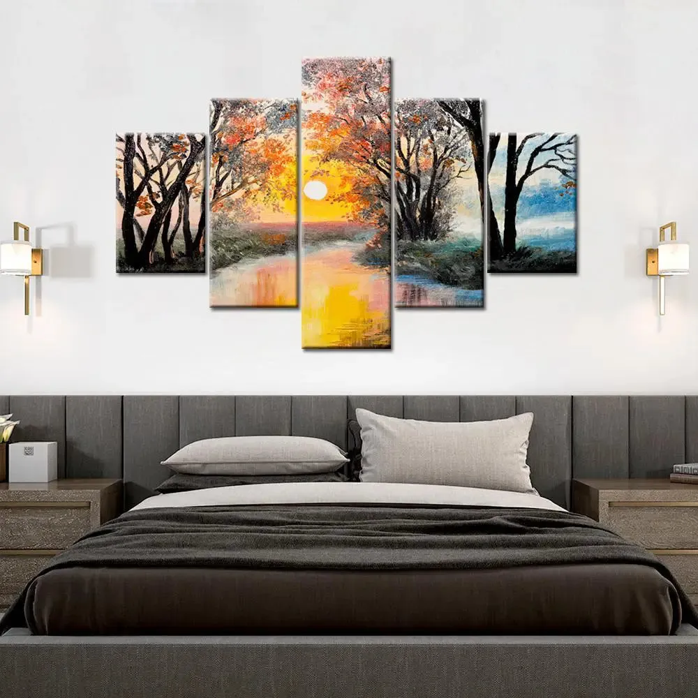 Beautiful Autumn Forest River 5 Pieces Canvas Print Wall Painting