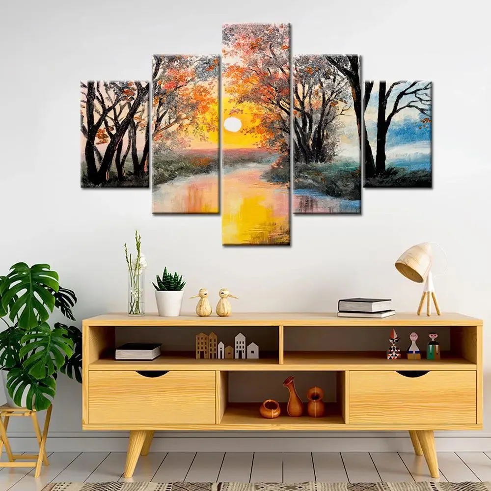 Beautiful Autumn Forest River 5 Pieces Canvas Print Wall Painting