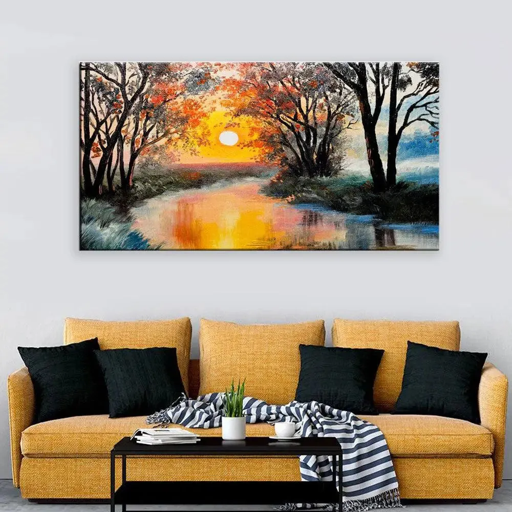 Beautiful Autumn Forest River Canvas Printed Painting With Frame