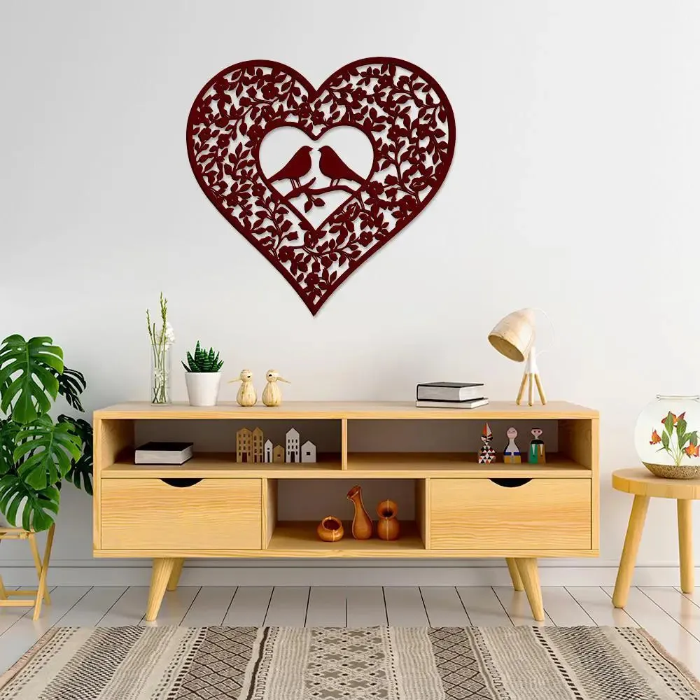 Beautiful Bird Couple in Heart Shape Design Wooden Wall Hanging Medium(14 inch X 15 inch)