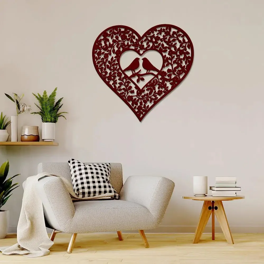 Beautiful Bird Couple in Heart Shape Design Wooden Wall Hanging Medium(14 inch X 15 inch)