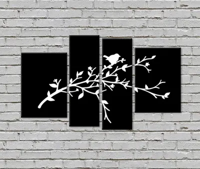 Beautiful Bird in Black / 4 Pieces Canvas Print /Stretched and Framed on Wood / 42" W x 25" H