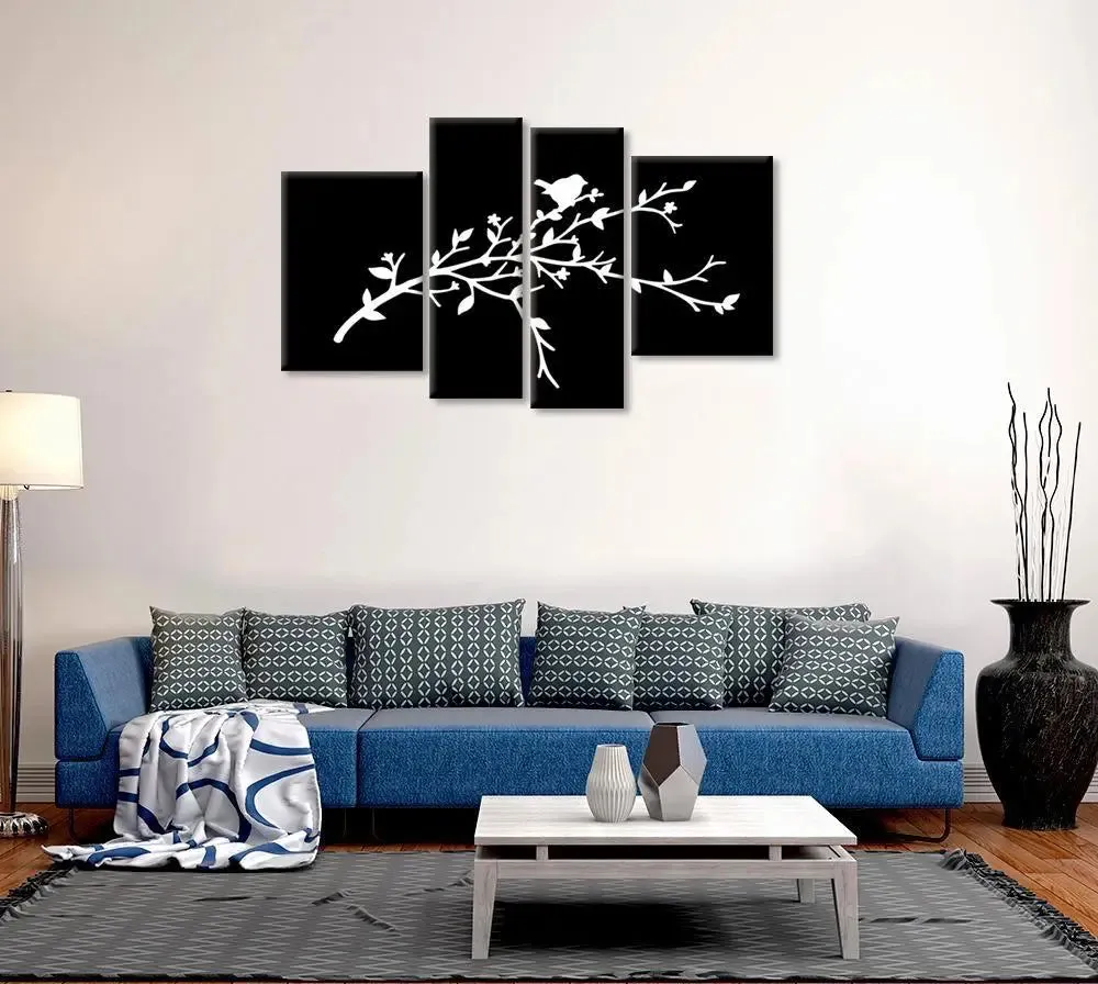 Beautiful Bird in Black / 4 Pieces Canvas Print /Stretched and Framed on Wood / 42" W x 25" H