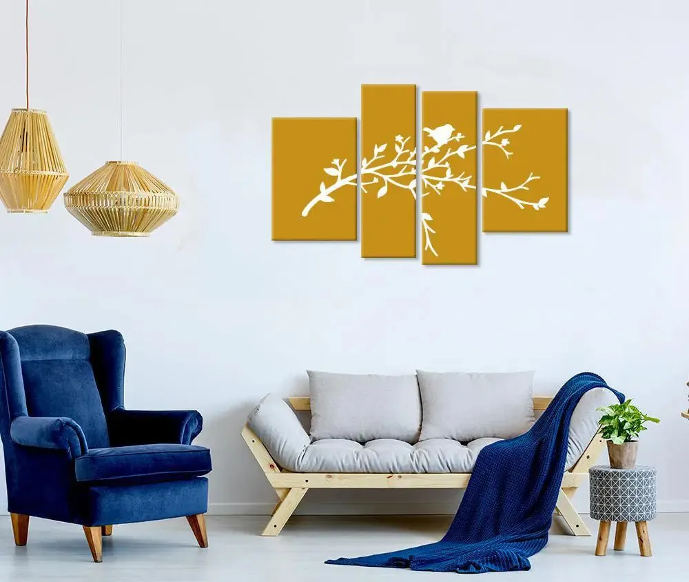 Beautiful Bird Wall Painting Yellow  /Stretched and Framed on Wood / 42" W x 25" H