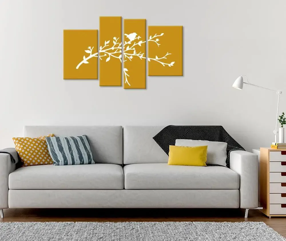 Beautiful Bird Wall Painting Yellow  /Stretched and Framed on Wood / 42" W x 25" H