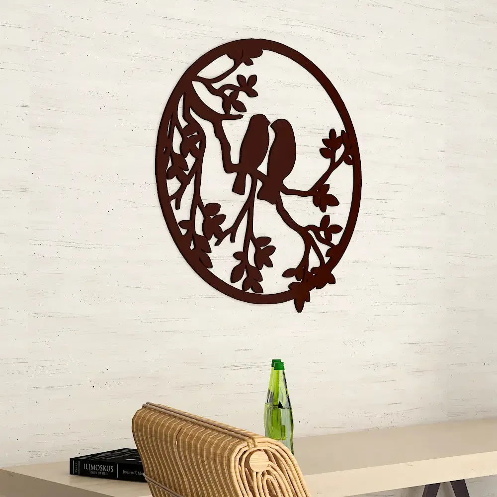 Beautiful Birds Couple on Branch in Circle Design Wooden Wall Hanging, Wooden Wall Decoration Medium(15 inch X 14inch)