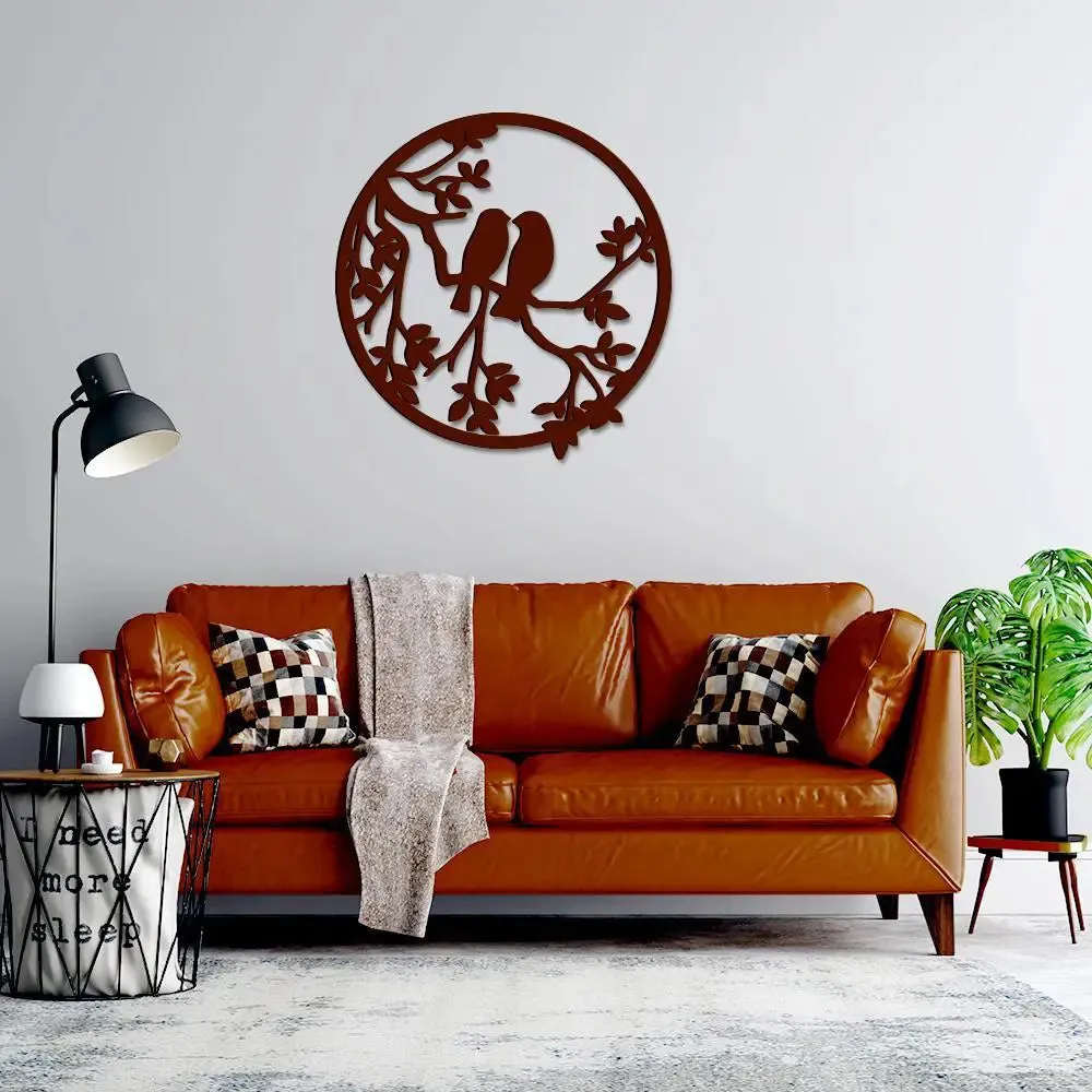 Beautiful Birds Couple on Branch in Circle Design Wooden Wall Hanging, Wooden Wall Decoration Medium(15 inch X 14inch)