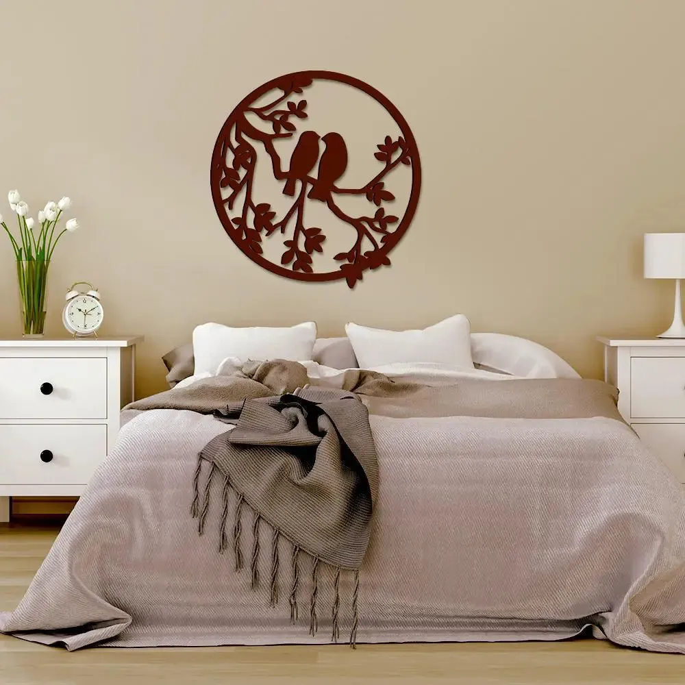 Beautiful Birds Couple on Branch in Circle Design Wooden Wall Hanging, Wooden Wall Decoration Medium(15 inch X 14inch)