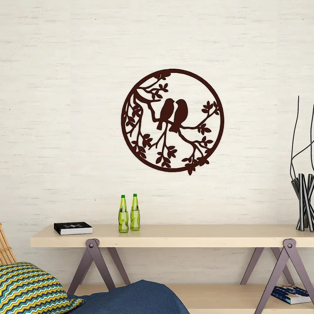 Beautiful Birds Couple on Branch in Circle Design Wooden Wall Hanging, Wooden Wall Decoration Medium(15 inch X 14inch)