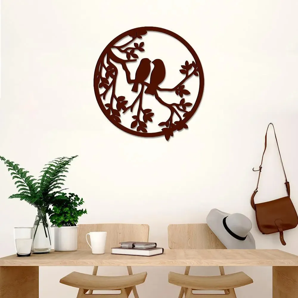Beautiful Birds Couple on Branch in Circle Design Wooden Wall Hanging, Wooden Wall Decoration Medium(15 inch X 14inch)