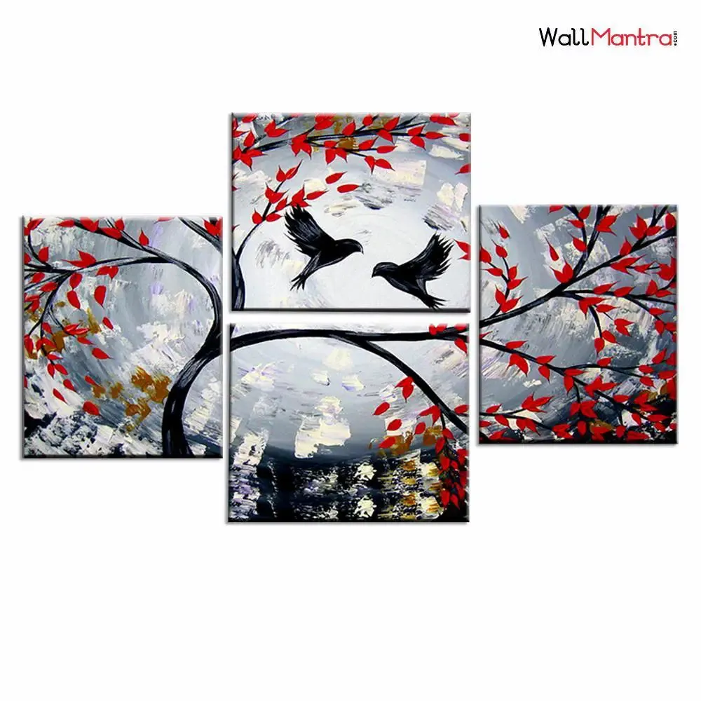Beautiful Birds on Branch 4 Pieces Canvas Print Wall Painting
