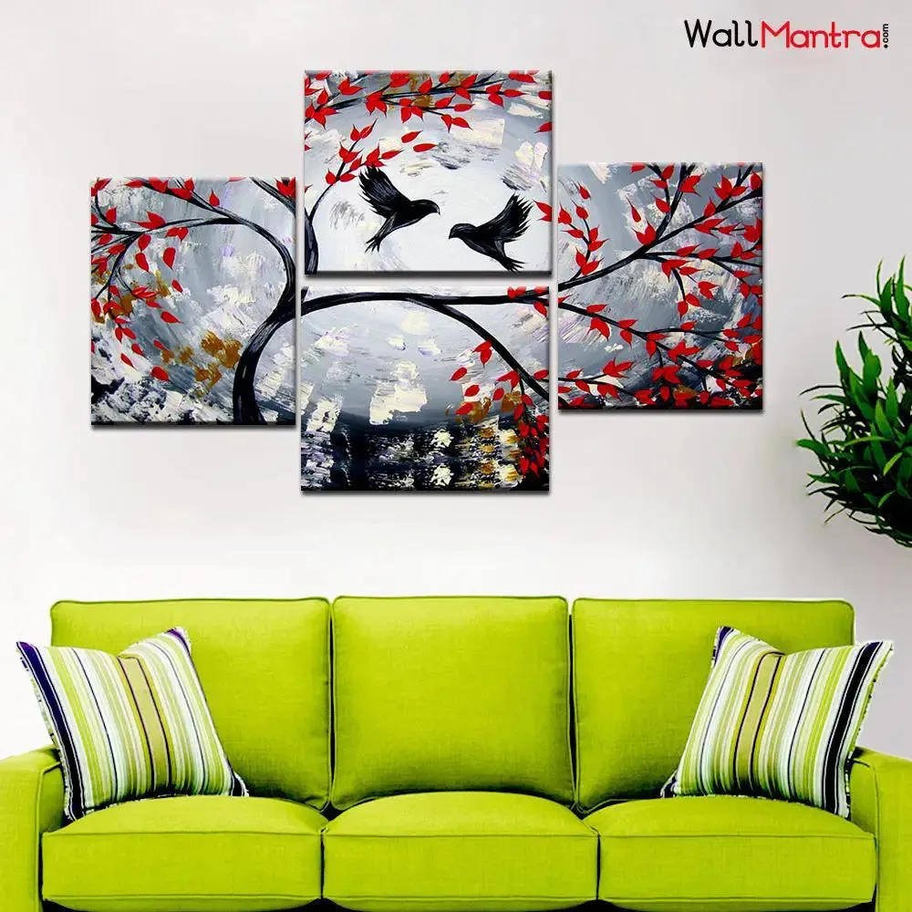 Beautiful Birds on Branch 4 Pieces Canvas Print Wall Painting