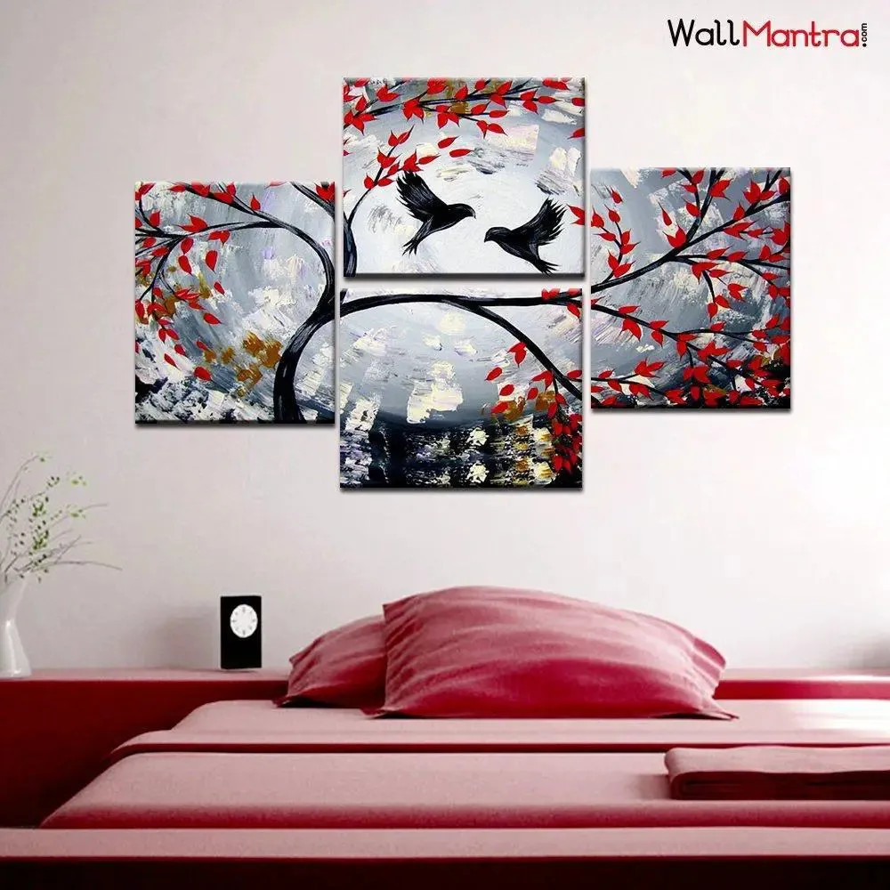 Beautiful Birds on Branch 4 Pieces Canvas Print Wall Painting