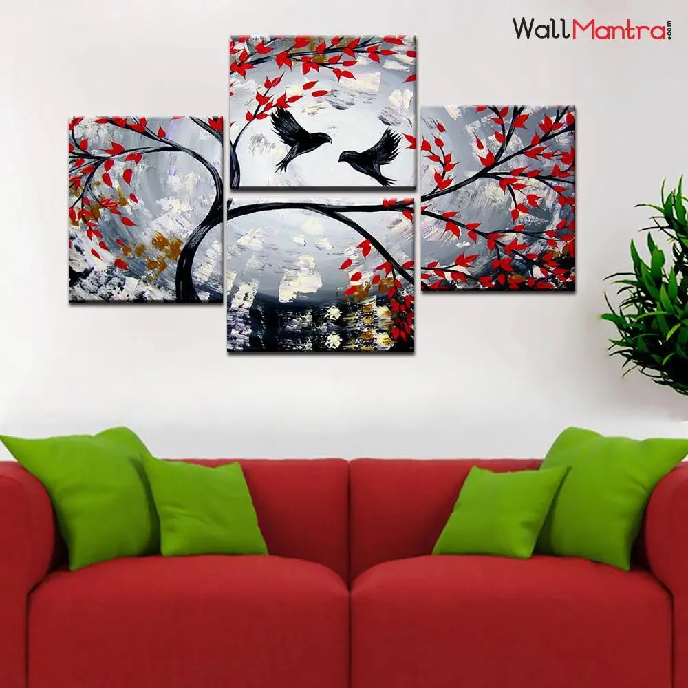 Beautiful Birds on Branch 4 Pieces Canvas Print Wall Painting