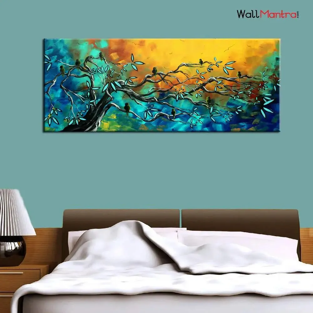 Beautiful Birds On Tree Scenery Canvas Wall Painting With Frame