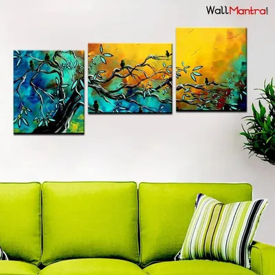 Beautiful Birds on Tree Wall Painting Canvas Printed With 3 Wooden Panel