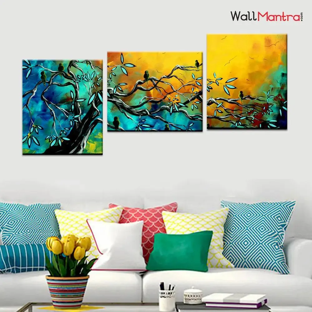 Beautiful Birds on Tree Wall Painting Canvas Printed With 3 Wooden Panel