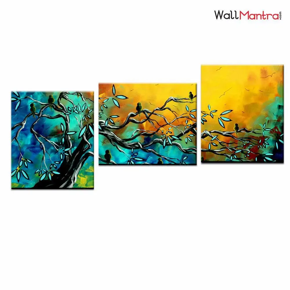 Beautiful Birds on Tree Wall Painting Canvas Printed With 3 Wooden Panel