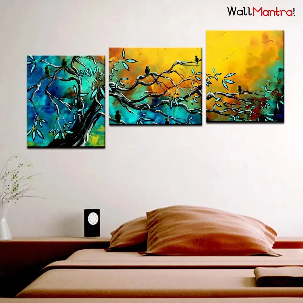 Beautiful Birds on Tree Wall Painting Canvas Printed With 3 Wooden Panel