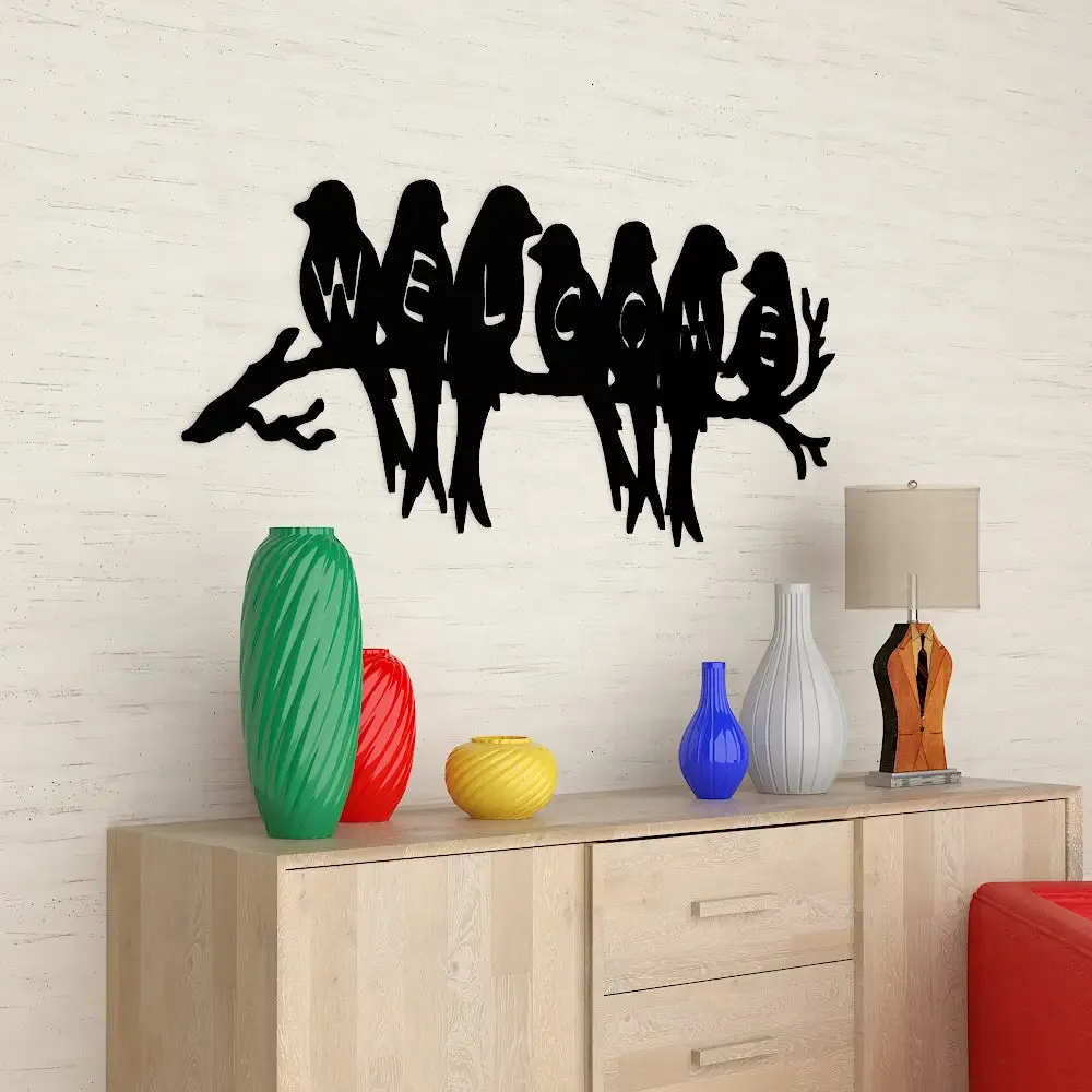 Beautiful Birds Welcome Design Wooden Wall Hanging, Wooden Wall Decoration Medium(9 inch X 22inch)