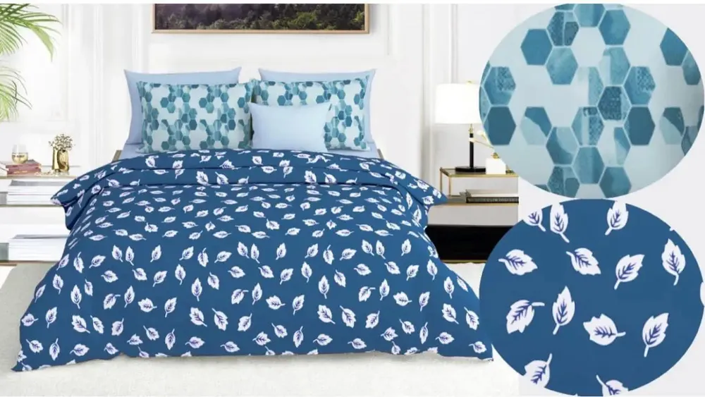 Beautiful Blue Bedsheet with White Leaf's Pattern Design Printed Modern Double Bed Premium Bedsheet With Pillow Covers