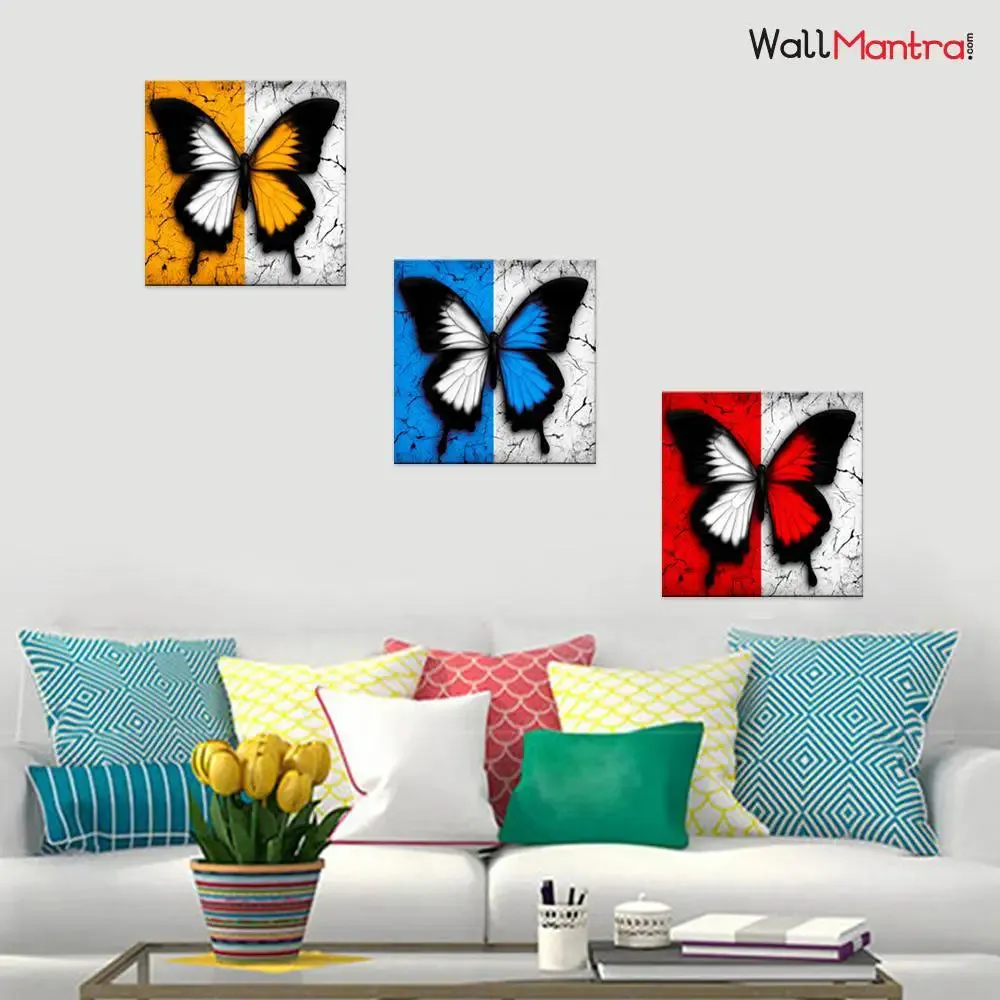 Beautiful Butterflies Canvas Print 3 Pieces Wall Painting Stretched and Framed on Wood
