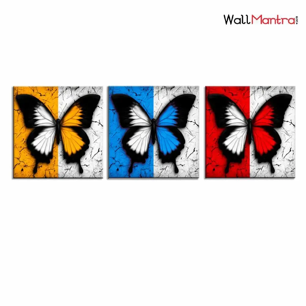 Beautiful Butterflies Canvas Print 3 Pieces Wall Painting Stretched and Framed on Wood