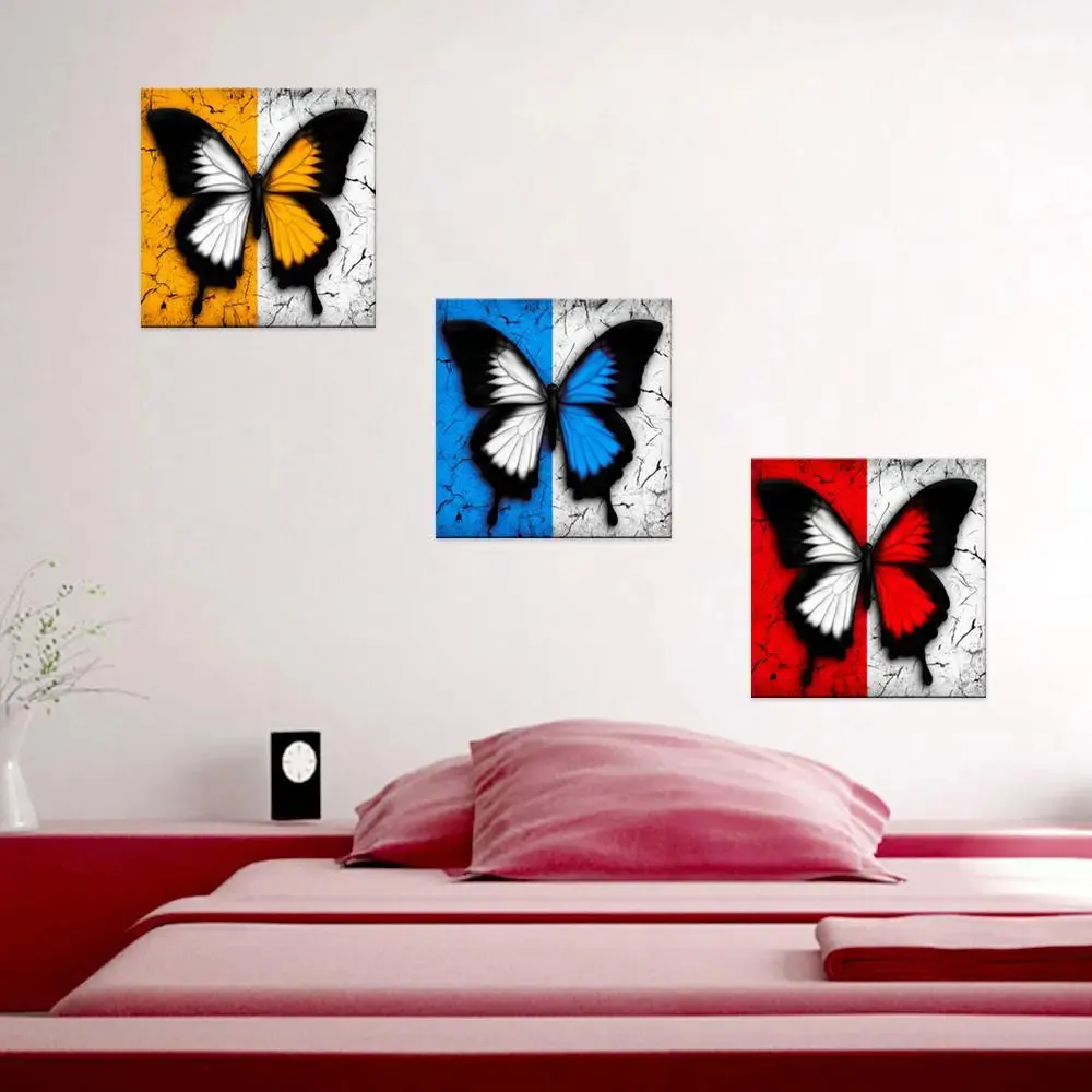 Beautiful Butterflies Canvas Print 3 Pieces Wall Painting Stretched and Framed on Wood