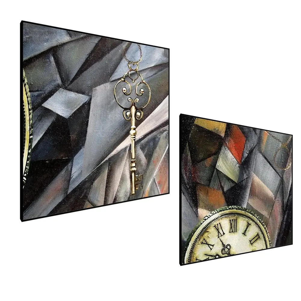 Beautiful Clock &amp; key Modern Art Canvas Painting With Black Floating Frame Size: 30 cm (H) X 30 cm (W) Set of 2
