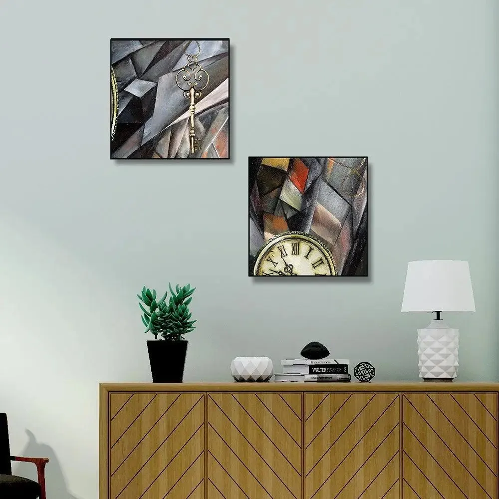 Beautiful Clock &amp; key Modern Art Canvas Painting With Black Floating Frame Size: 30 cm (H) X 30 cm (W) Set of 2