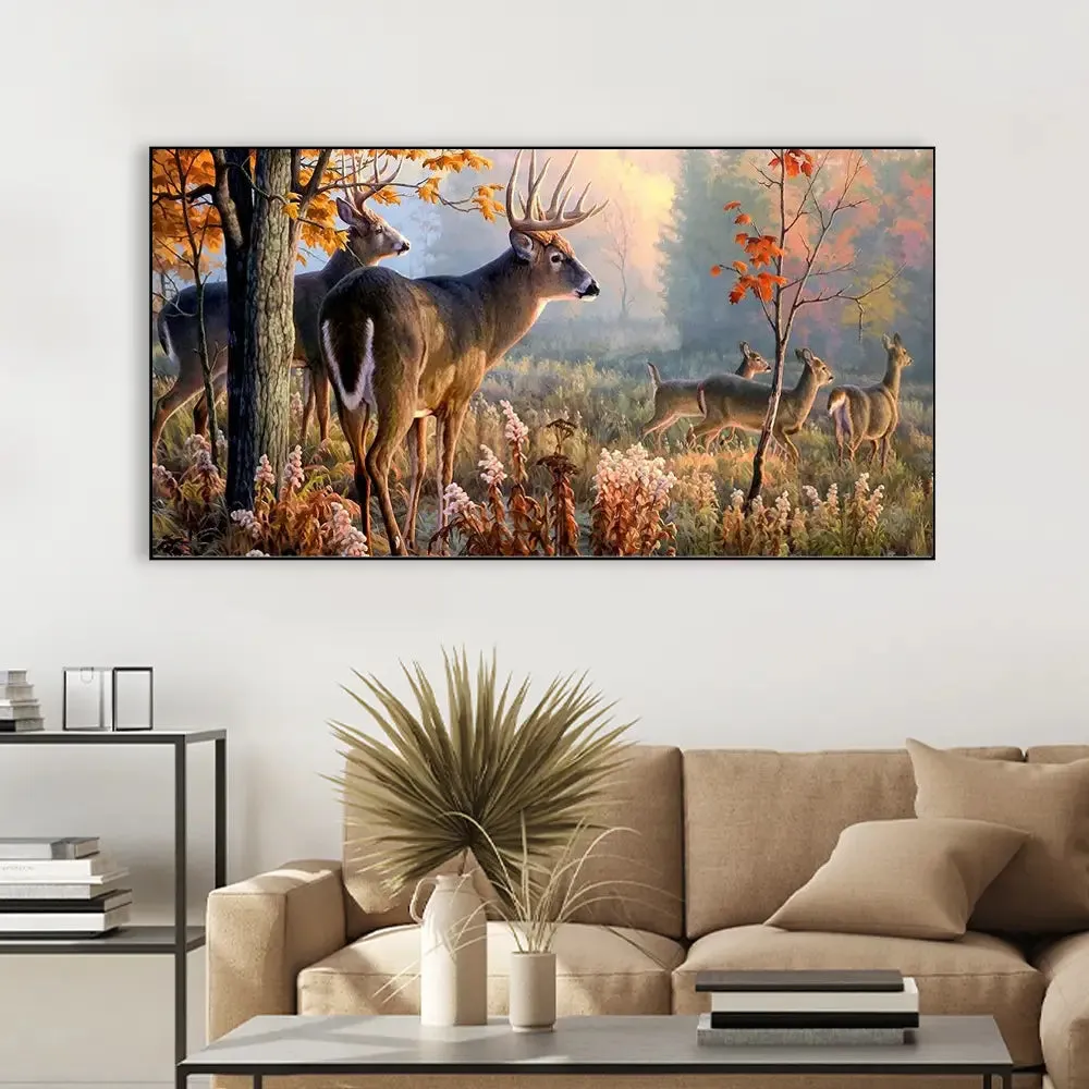 Beautiful Deer Forest Scenery Wide Format Canvas  Wall Painting With Frame