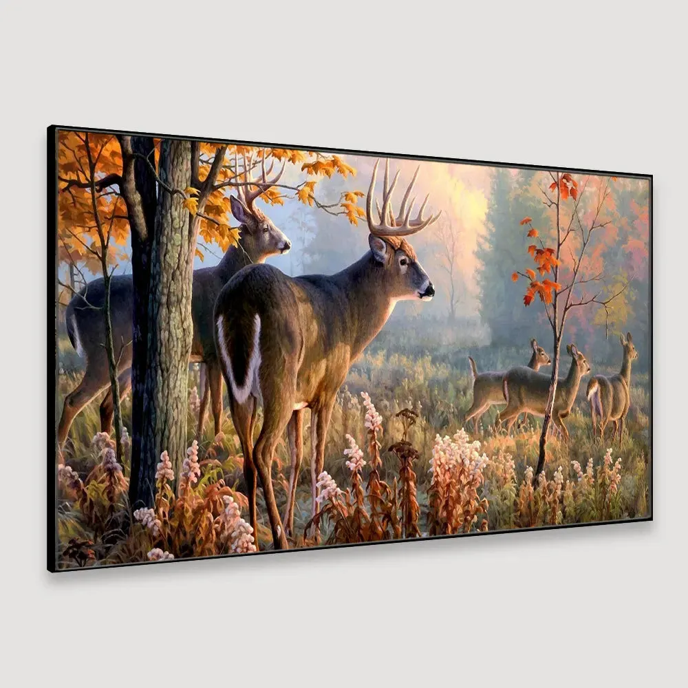 Beautiful Deer Forest Scenery Wide Format Canvas  Wall Painting With Frame