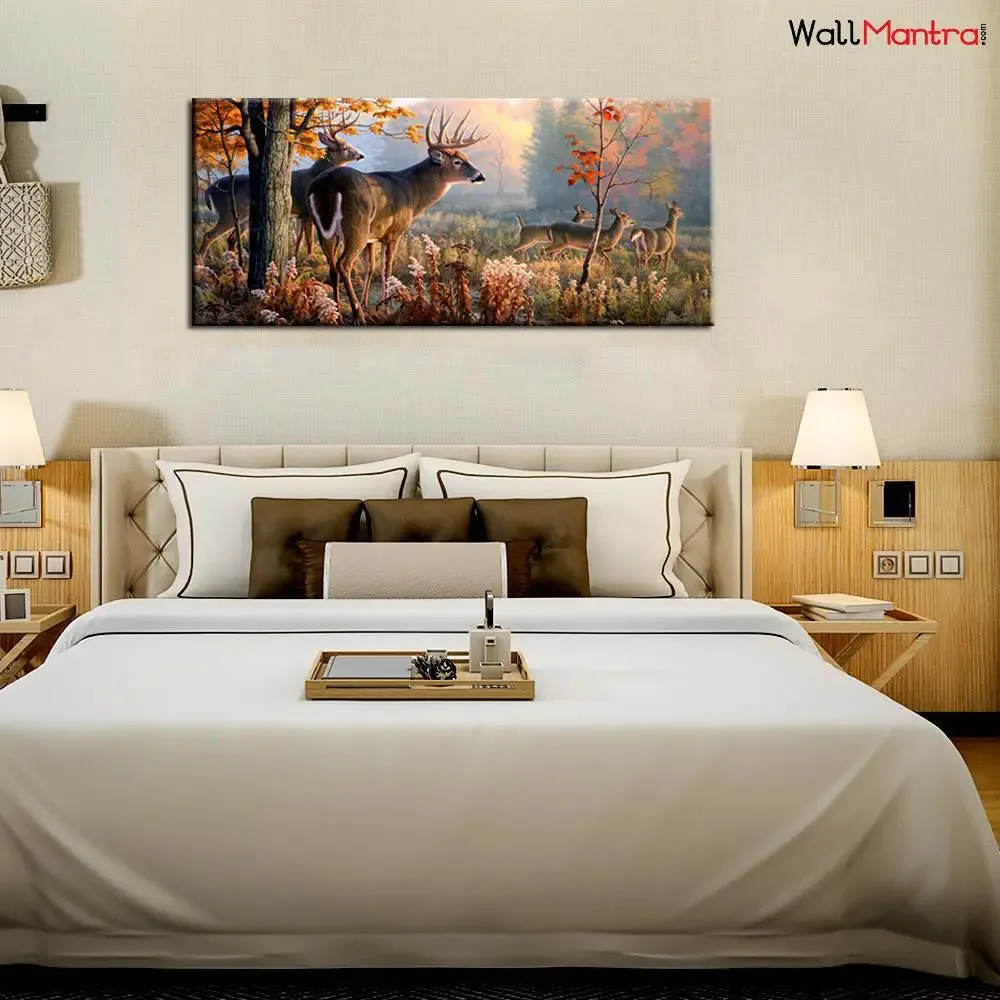 Beautiful Deer Forest Scenery Wide Format Canvas  Wall Painting With Frame