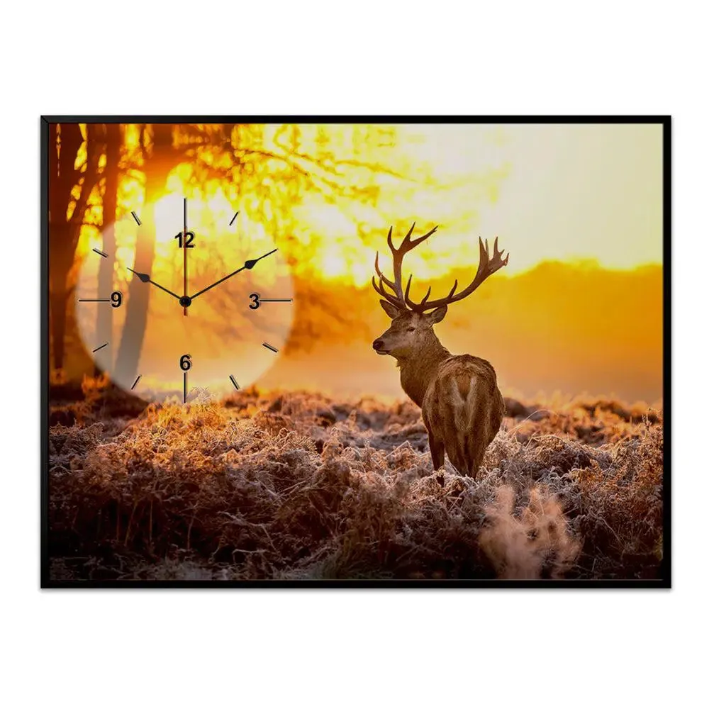 Beautiful Deer Scenery Canvas Printed Decorative Wall Clock With Floating Frame