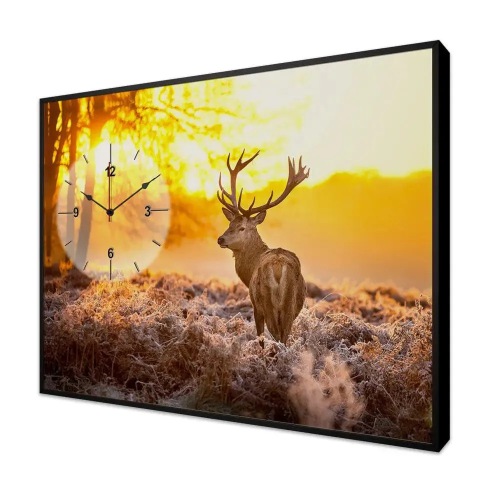Beautiful Deer Scenery Canvas Printed Decorative Wall Clock With Floating Frame